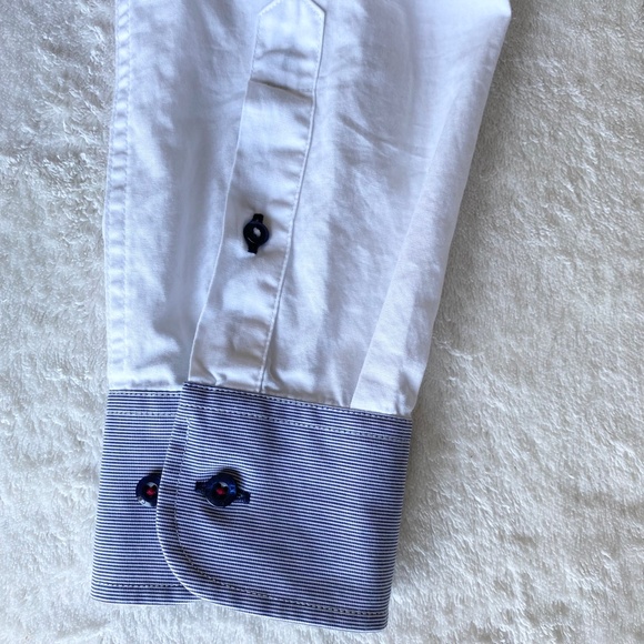 Carven Mens Button-Up Cotton Shirts Mens M White/Blue Striped cuffs - Picture 9 of 14